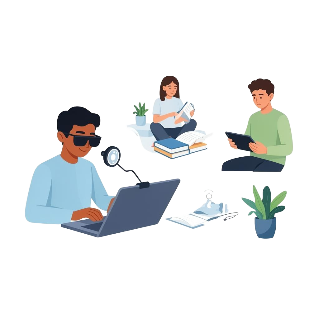Illustration of diverse people using laptops and tablets for online learning